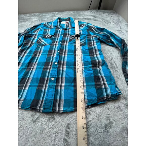 JNCO Crown Brand Mens Large Turquoise Plaid Button-Up Shirt Grunge Y2K Rapper - Picture 5 of 10